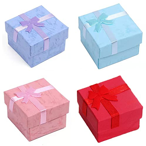 lurora2021 4 Stück Schmuck Geschenkbox Set Mit Schleife Kleine Geschenkverpackung Box Elegante Schmuckschachtel Papierbox Klein Mit Deckel für Ohrringe Schmuckringe Halsketten Verpackungsbox(4 Farben)