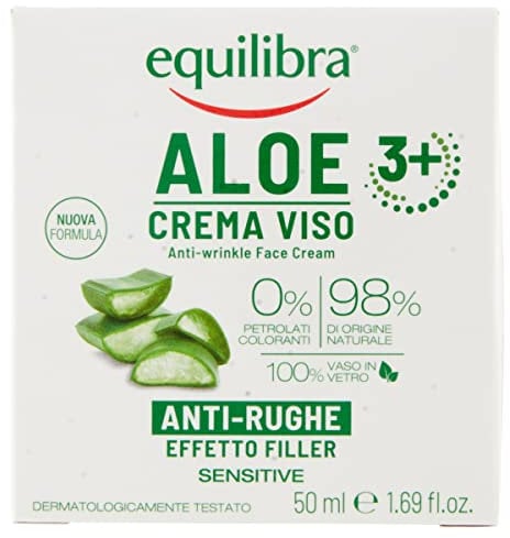 equilibra Viso, Aloe Crema Viso Anti-Rughe, Crema Viso Effetto Filler a Base di Aloe Vera e Aloe 3+, Crema Antirughe Adatta a Pelli Sensibili, Contrasta i Segni del Tempo, Azione Levigante, 50 ml