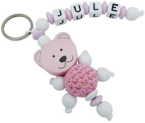 Schlüsselanhänger mit Namen personalisiert - 3D Bär mit Häkelperle - rosa weiß - Namensanhänger für Kinder Mädchen