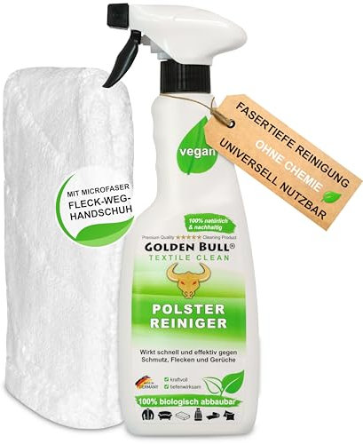 Golden Bull® Polsterreiniger für Sofa & Auto 500ml + Reinigungshandschuh [STARK - VEGAN - OHNE CHEMIE] Natürlicher Polster Reiniger für Polstermöbel, Couch und Autositz aus DE
