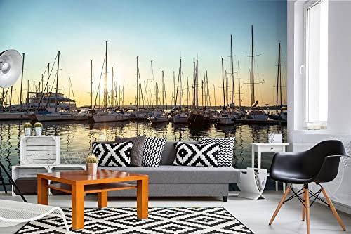 Vlies Fototapete HAFEN IM SONNENUNTERGANG 375 x 250 cm (inkl. Kleister) - Vlies Tapete, Wandtapete, Wandbilder - Tapete für Wohnzimmer Schlafzimmer, Büro, Küche - Montagefertig