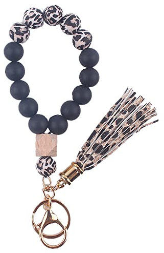 Sither Silikon Schlüsselanhänger Ring für Frauen Muster Schlüsselanhänger Armband Armreif mit Quaste Auto Schlüsselanhänger Halter Mama Geschenk, Leopardenmuster und Schwarz., Large