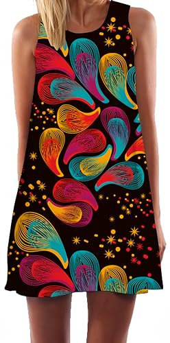 Ocean Plus Femmes Été Mini sans Manches Coloré Tops Robes Paon Robes De Plage Court A-Line Robe sans Manches Robe De Temps (M (EU 36-38), Lignes colorées Gouttelettes d'eau)