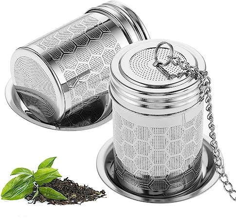 Amaxiu 2PCS Stainless Steel Tea Infusers - Extra Fine Mesh Tea Steeper with Extended Chain Hook and Lid
