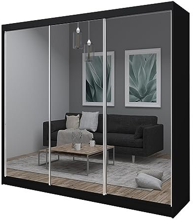 BEAUTY SOFA Mars Meble Schrank mit Schwebetüren Debra Kleiderschrank mit Spiegeln Kleiderstangen Garderobe, Farbe: Schwarz, Breite: 240 cm