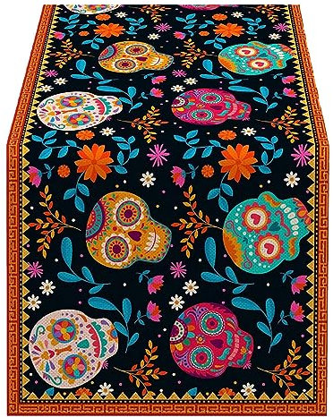 Holdes Tag der Toten Tischdekoration,Halloween Floraler Sugar Skull Stoffläufer - Tischläufer, mexikanische Ofrenda-Partydekoration, mexikanische Fiesta-, und Küchendekoration
