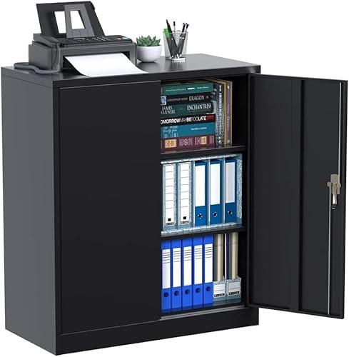 SUPEER Armoire en métal de 90 cm de Hauteur, avec 2 étagères réglables en Hauteur, tôle d'acier, revêtement par Poudre, Armoire en Acier pour Outils, Garage, 90 x 80 x 40cm (Noir)