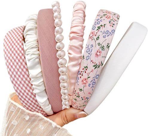 Fashion Headbands for Women Girls Headbands Set, 7pcs Pearl Headband Floral Headbands Padded Headband for Women Vintage Wide Hair Band (Pink)