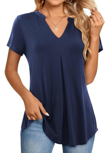 Beluring Bluse Damen Sexy Kurzarm Plissee Tops V-Ausschnitt Tshirt Einfarbig Shirt Marineblau L