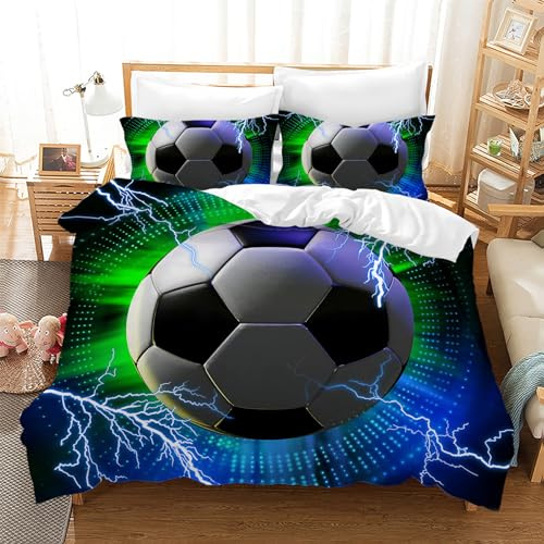 CXYXHW Fussball Bettwäsche für Kinder,Fußball 3D Drucken Junge Bettwäsche-Set,Fussball Muster Sport Bettbezug-Set mit Reißverschluss 3 Teilig Weich Kinderbettwäsche (Fußball 3, 200x200cm)