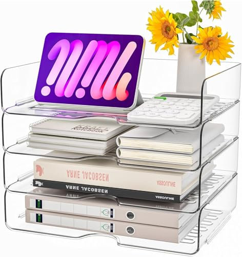 Stackable Clear Paper Trays, Letter Tray Organizer Stackable Office File Holder Stackable A4 File Tray File Letter Organiser (4 Tiers, White)