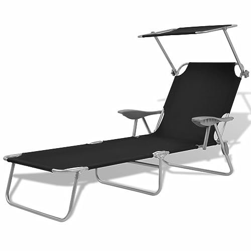 ShGaxin Sonnenliege mit Sonnenschutz Stahl Schwarz, Gartenliege, Liegestuhl, Sonnenstuhl, Sonneninsel Outdoor, Liegen, Gartenmöbel, Bäderliege, Relaxliege - 42932