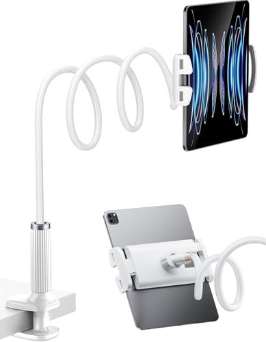 Soporte Tablet de Cuello de Cisne para Cama, Ajustable 360º Soporte iPad y Teléfono para Escritorio para Grabación de Vídeo, para Serie iPad/ Switch/ Galaxy Tabs/ Kindle Fire y Más - Blanco