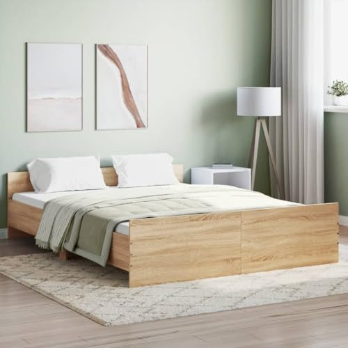 Tidyard Bettgestell mit Kopf- und Fußteil Bettrahmen Holzbett Doppelbett/Einzelbett Futonbett Bett mit Lattenrost Seniorenbett Palettenbett Futonbett Sonoma-Eiche 140x200 cm