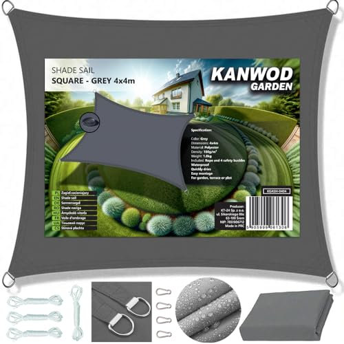 KANWOD Toldo Vela de Sombra Cuadrada 4 x 4 m, Protección UV, Tejido de 180 g/m² Toldo Impermeable Exterior para Balcón, Terraza, Patio y Jardín, Gris