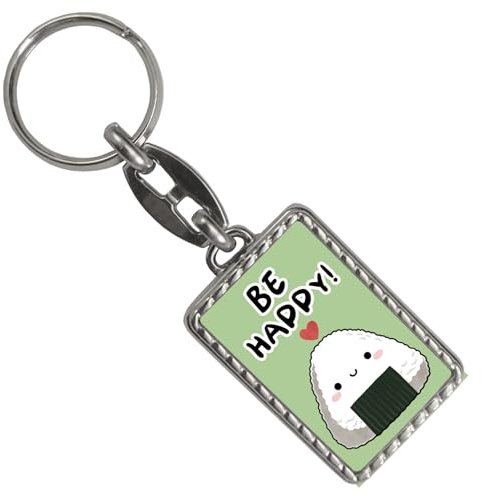 speecheese Onigiri Sushi Schlüsselanhänger mit Bordüre mit Spruch Be happy Be happy Kawaii Sushi japanischer Glücksbringer Japan Manga