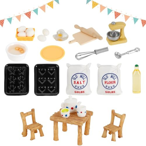 27Pcs Ensemble de Cuisson Miniature, Accessoire de Cuisine Miniature a Mini Table/Chaises/Œufs/Fouet/Tasses, Accessoires de Cuisine de Poupée pour Mini maison, Accessoires de Cuisine de Noël Miniature
