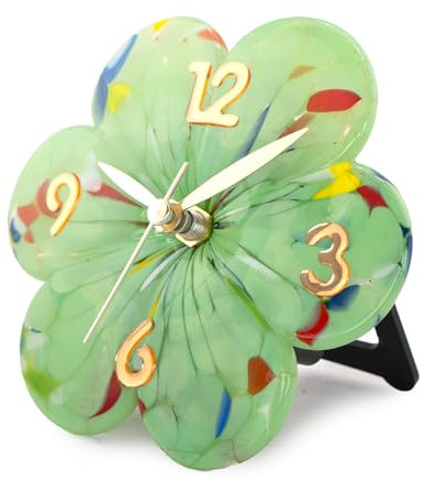 MurArt Orologio da Tavolo in Vetro di Murano realizzato a mano con una Forma di Fiore e misure 15x15 cm Made in Italy (1, Verde Lino)