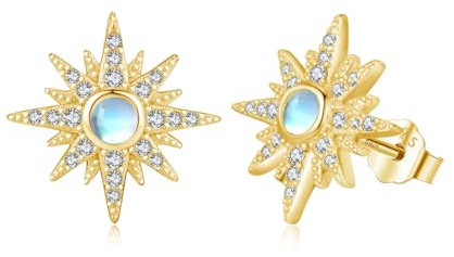 MEDWISE Boucles d'oreilles en pierre de lune pour fille en argent sterling 925 - Or - Étoile à huit branches - Pierre de lune - Bijoux pour fille, femme, enfant, petite amie, 13mm, Argent sterling,