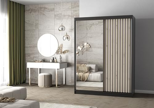 Easy4You Lami III Schwarz/Weiss Schiebetürenschrank Kleiderschrank 150x200x61 cm mit Spiegel - Schlafzimmermöbel, Aufbewahrung – Mehrzweckschrank mit Kleiderstange und Lamellen