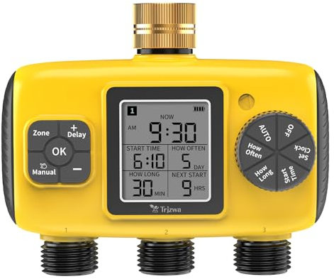 TRJZWA Programador de Riego Automático con 3 Salidas, Sistema de Riego Automático para Jardines y Patios, con Pantalla LCD Retardo de Lluvia, IP65 a Prueba de Agua, Ahorro de Energía