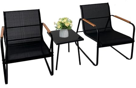 OVLRIJP Balkonmöbel Set 3 teilig, Balkonmöbel 2 Personen mit Glastisch & Stahlgestell, Balkon Set 2 Personen, Balkon Möbel Wetterfest, Gartenmöbel Set für Hof, Garten, Terrasse, Innen, Außen (Schwarz)