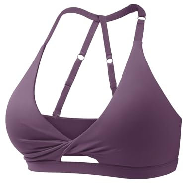 ZAAYO Damen Sport BHS Offener Rücken Workout Gym BH Gepolstert Medium Impact Yoga Tops mit Verstellbaren Rückenriemen Violett L