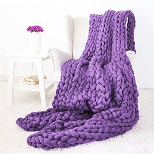 Manta de punto grueso hecha a mano, súper gruesa y suave, acogedora, para cama, sofá, decoración del hogar, regalo, tapete de yoga, color morado claro, 100 x 100 cm