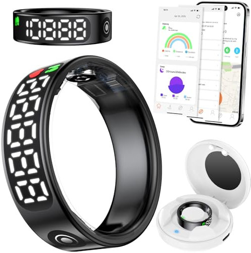 Fileeyn Smart Ring mit LED-Anzeige, Herzfrequenz/SpO2/Schlaf/Fitness Tracker, Smartringe für Herren Damen, IP68 Wasserdicht, APP Kompatibel mit iOS/Android, Größe 8, Schwarz