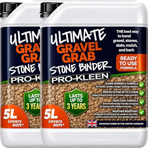 Pro-Kleen Ultimate Gravel Grab 2 x 5L (Covers 160 ft2) - Stone Glue Binder Fixing Spray - For Gravel, Slate, Bark & More - Protects for up to 3 Years - Non Toxic, Weather Resistant & Porous Formula