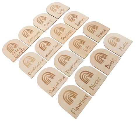 ULTECHNOVO 16pcs Wood Toy Box Labels Toy Storage Bin Tags Boys and Girls Organization Rainbow Playroom Bedroom
