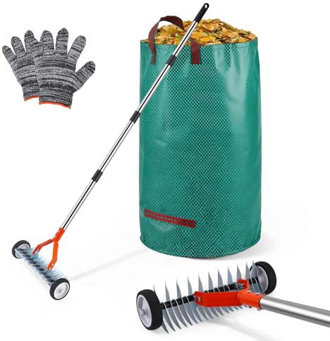 Scarificatore manuale con ruote, scarificatore rastrello con manico 166 cm, ventilatore da prato con ruote, rastrello da taglio in metallo, da giardino, rimovibile, rastrello scarificatore regolabile