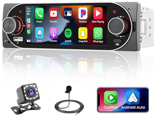 Autorradio 1DIN Bluetooth Carplay Android Auto, 5.1'' Táctil | Manos Libres Bluetooth, Mirror Link, Radio FM, USB/Type-C, EQ, Cámara de Marcha Atrás, Estéreo Auto, Pantalla