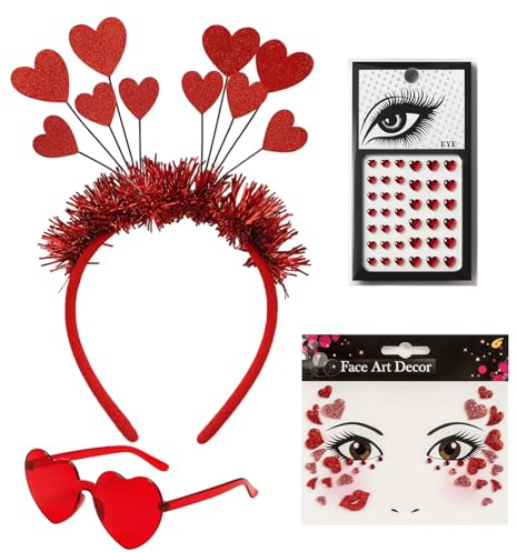 RxaGtn Herz Haarreif, Amor Kostüm Damen, Amor Kostüm Damen Accessoires für Valentinstag Karneval Fasching, Herzbrille mit Herzen Aufkleber und Rote Accessoires für Damen