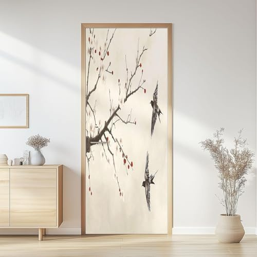 Türtapete Selbstklebend 90x210 Kirschblüten Türfolie Orientalischer Stil Türaufkleber Fototapete 3D Effekt Türklebefolie Türposter für Innentür Schlafzimmer Bad Dekoration A-4079