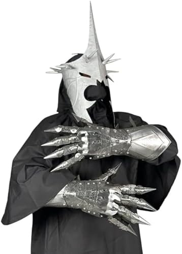 Zomitiya Herr der Ringe Hexenkönig von Angmar Kostüm, mittelalterliches Nazgul Ringwraith Outfit mit silbernem Stachelhelm und Stulpen, Schwarz