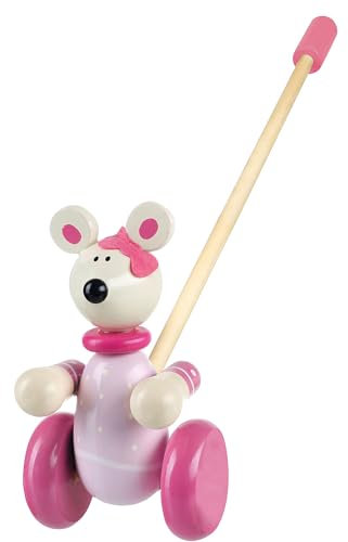 Pink Mouse Push Along Toy - Animal Push and Pull Along Toys for 1 Year Olds, Wooden Toys - Toddler Toys, Perfect 1st Birthday Gifts For Boy Girl - Early Development & Activity Toys by Orange Tree Toys