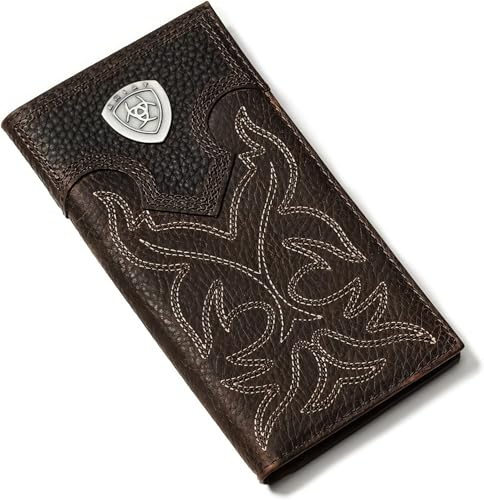 ARIAT Men's Rodeo Wallet, Boot Stitch Leather, Shield Concho, Dark Brown