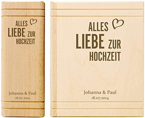 Casa Vivente Spardose aus Ahornholz in Buchform mit Gravur – Alles Liebe zur Hochzeit – Personalisiert mit Namen und Datum – Hochzeitsgeschenk