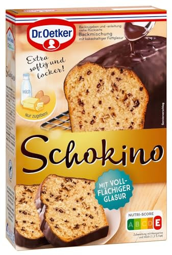 Dr. Oetker Schokino Kuchen, 495 g, Backmischung für Rührkuchen mit Schokoladenflocken und Glasur, vegetarisch