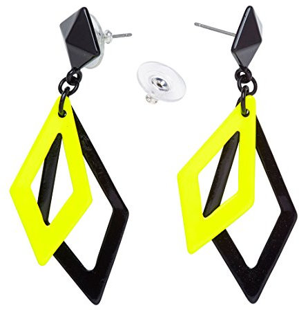 NET TOYS 80er Jahre Ohrringe Rhombus Damenohrringe Schwarz-Gelb Modeschmuck Ohrstecker 80s Ohrschmuck Neon