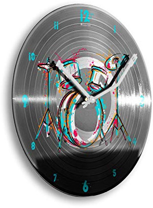 Kreative Feder Drum Kit Schlagzeug bunt Schallplatten-Uhr Retro Vinyl Designer Wanduhr leise Quarzuhr ohne Ticken 30cm (Drum Kit, leises Quarzuhrwerk)
