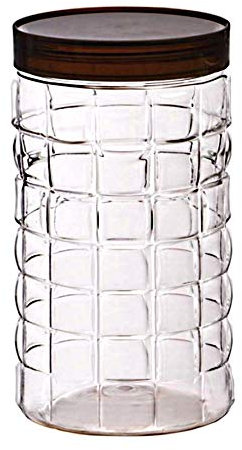 1500ml PET Jar Round Food Storage Canisters With Brown Screw Top Lid Plastic Dry Food Storage Container Set Checked Clear Food Grade Air Tight Kitchen Storage BPA Free (1500ml)