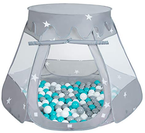 Selonis Tienda 105X90cm/100 Bolas De Campaña/Castilo Plegable con Bolas 6Cm para Niños, Gris:Gris-Blanco-Turquesa