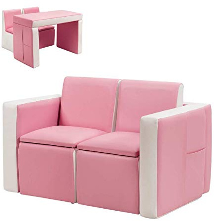 Costzon Kids Sofa, 2 in 1 Double Sofa Convert to Table and Two Chairs, Toddler Lounge with Wooden Frame and PVC Surface, Children Boys Girls Couch Armrest Chair Double Seats with Storage Space (Pink)