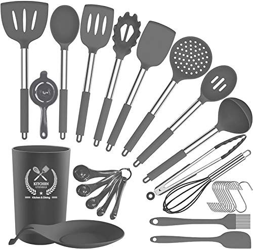 Juego De Utensilios De Cocina De Silicona, Juego De Utensilios De Cocina De Silicona De 30 Piezas, Utensilios De Cocina De Acero Inoxidable (Gris)