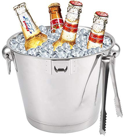 6L Stainless Steel Ice Bucket,Ice Buckets Kit with Tongs,Handles and Corkscrew Metal Beer Buckets for Champagne Wine for Families, Gatherings, Barbecues, Picnics, Parties, Bars Silver