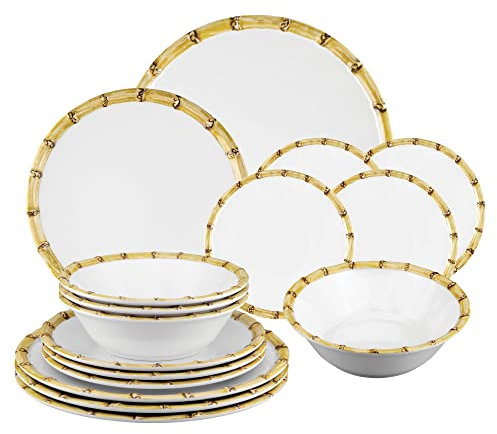 UP ware - Juego de vajilla de melamina de bambú de 16 piezas, juego de platos para exteriores, juegos de platos y cuencos, servicio para 4, color blanco