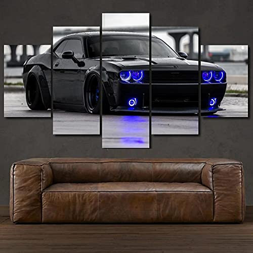 KOPASD Bilder Dodg Challenger Black Sports car 150x80 cm 5 Teilig Leinwandbilder Bild auf Leinwand Wandbild Kunstdruck Wanddeko Wand Wohnzimmer Wanddekoration Deko