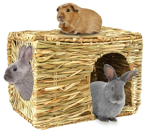 HERCOCCI Extra Large Grass House for Rabbit, Foldable & Comfortable - Small Animal Hut Play Hideaway Bed Hay Mat Chew Toy for Bunny Guinea Pig Hamster Chinchilla (1 Pack)
